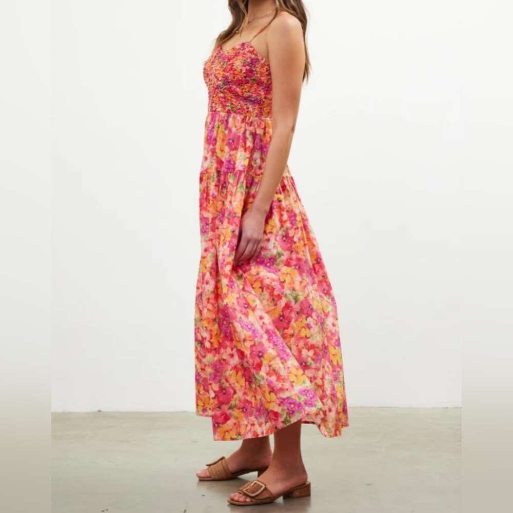 Skies Are Blue Maxi Dress 2X Coral Pink Floral Cotton Textured Top Boho New $110